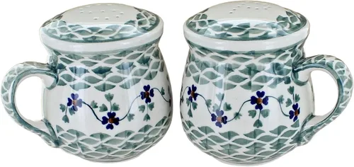 Miniatura 3 de Blue Rose Polish Pottery - Saleros y pimenteros de margaritas rojas con asas - 3.75 pulgadas de alto - Juego de condimentos de cerámica pintados a