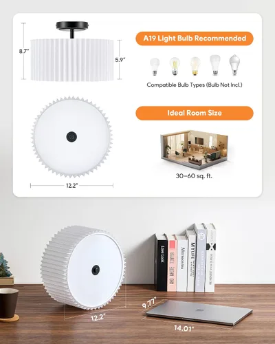 Miniatura 4 de VONLUCE Lámpara de techo semiempotrada de 12.2 pulgadas, moderna lámpara de techo de 2 luces con pantalla de tambor plisada blanca, 2 enchufes E26