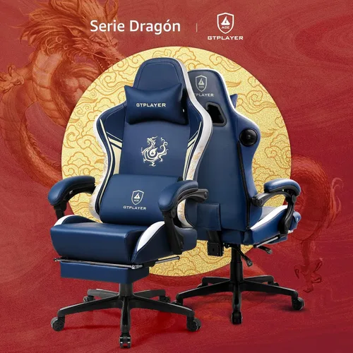 Miniatura 4 de GTPLAYER Silla de juegos con altavoces Bluetooth y reposapiés, silla de videojuegos de la serie Dragon, resistente, ergonómica, silla de oficina Azul