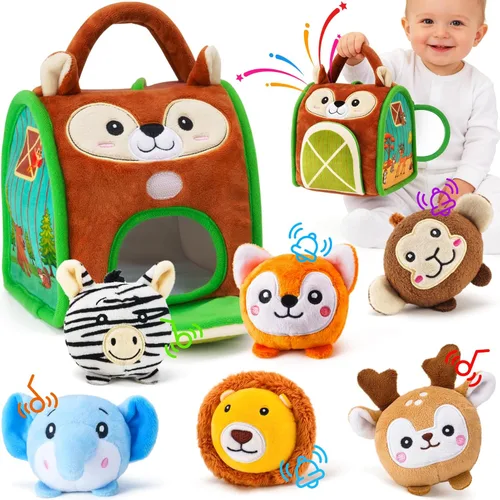 Montessori - Juguetes sensoriales para bebés de 6 a 12 meses y niños pequeños de 1 a 3 años, juego educativo de animales de peluche con sonajero,