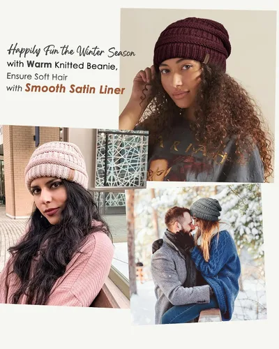 Miniatura 3 de FURTALK Gorro de invierno para mujer, con forro de satén, tejido trenzado, grueso, holgado, gorro cálido