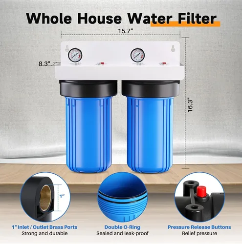 Miniatura 2 de PUREPLUS Sistema de filtración de agua de 2 etapas para toda la casa, reduce el cloro, el olor, los metales pesados, hierro, manganeso, carcasa