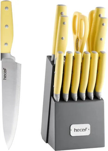 hecef Juego de cuchillos de cocina, juego de cuchillos de 14 piezas con bloque de madera y afilador de acero y tijeras multiusos, juego de cubiertos