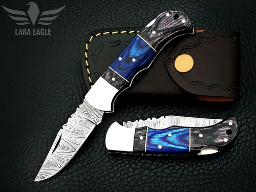 Miniatura 7 de Cuchillo de bolsillo de damasco Lara Eagle para hombres - Cuchillo plegable de caza de 133 capas de acero sólido hecho a mano con afilador y funda