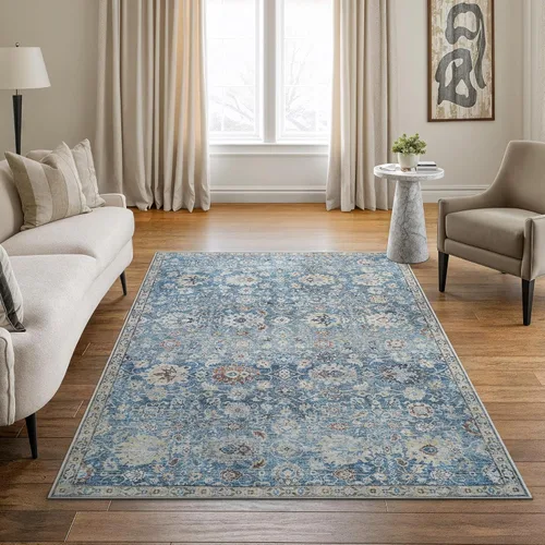 Miniatura 19 de Bloom Rugs Caria Alfombra Lavable Antideslizante de 7 pies - Azul/Carbón Alfombra Tradicional para Entrada, Pasillo, Baño y Cocina - Tamaño Exacto