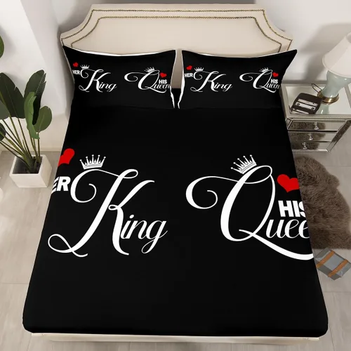 Miniatura 34 de Sábana bajera ajustable King Crown vintage negro y gris, sábanas románticas para el día de San Valentín, tamaño individual para mujeres, regalos