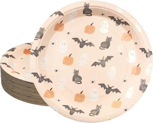 Cheerland Platos de papel desechables de verano con diseño de calabaza, murciélago, fantasma, para decoración de Halloween, cumpleaños, baby shower