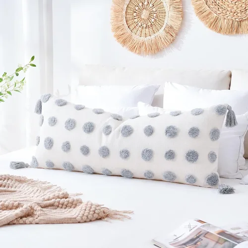 PANOD Funda Decorativa para Almohada Lumbar Extra Larga 14x36 Boho, Funda Extra Suave de Chenilla para Almohada Lumbar con Borla para Cama, Sofá,