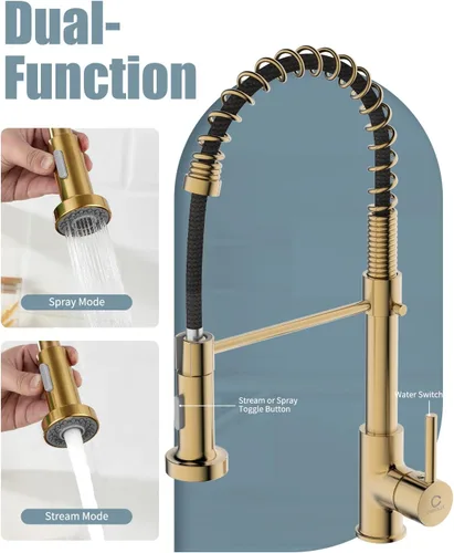 Miniatura 3 de Grifo de cocina, grifo de oro cepillado para fregadero de cocina, grifo de fregadero de cocina con pulverizador desplegable, grifos de cocina de C