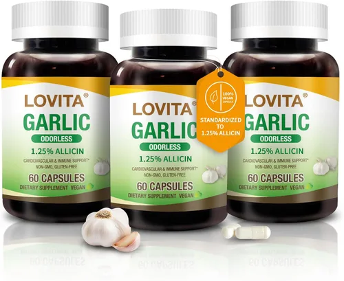 Miniatura 12 de LOVITA Extracto de ajo inodoro, estandarizado al 1.25% de alicina, potente concentración 100:1, apoya el corazón, la presión arterial, el colesterol