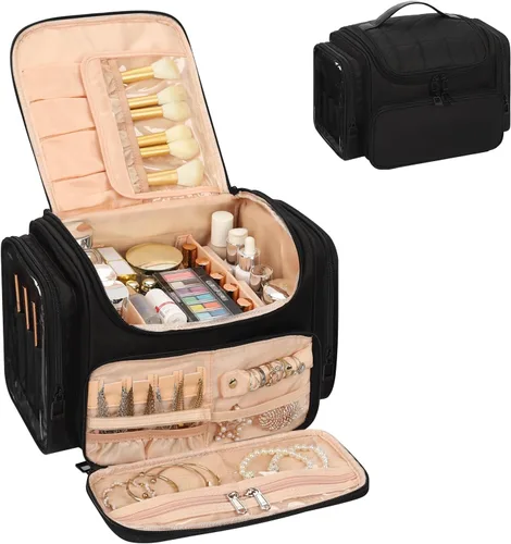 Miniatura 19 de Bagmoly Bolsa de maquillaje grande, organizador portátil de maquillaje para mujeres y niñas con compartimento para brochas de maquillaje y dos