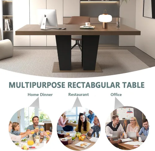 Miniatura 6 de Juego de mesa de comedor extensible de 5 piezas con 4 sillas de tela, mesa extensible marrón con base negra, juego moderno de comedor de madera