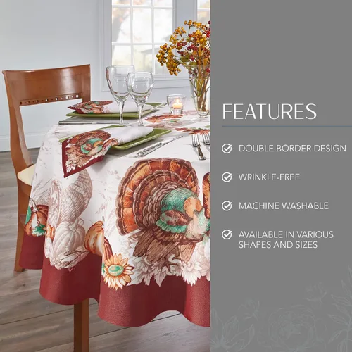 Miniatura 3 de Elrene Home Fashions Mantel Navideño con Borde de Pavo de Otoño Resistente a las Arrugas, Cubierta de Mesa de Comedor de Temporada, 70" Redondo
