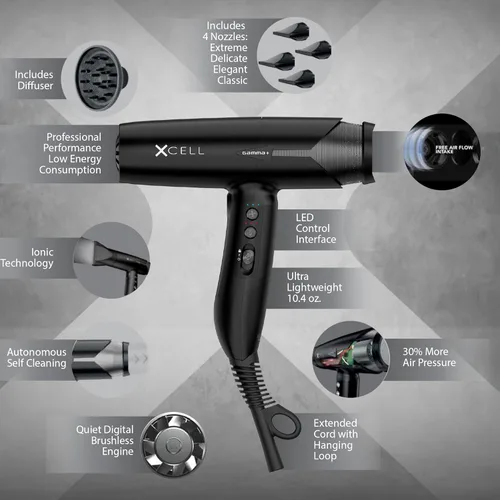 Miniatura 2 de GAMMA+ XCell Professional Ultra-Lightweight Hair Dryer Digital Motor Ionic Technology Whisper Quiet 12 Heat/Speeds Negro mate