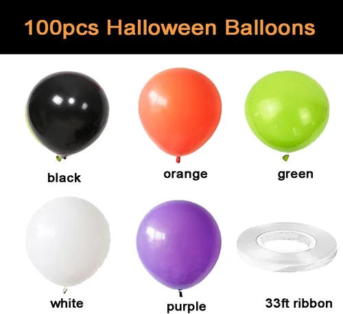 Miniatura 4 de Globos de Halloween con cinta, paquete de 100 globos de 12 pulgadas, negro, naranja, blanco, morado, verde, para decoraciones de fiesta de Halloween