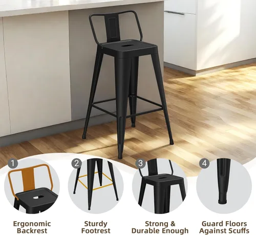 Miniatura 4 de Juego de 4 taburetes de bar de metal, taburetes de bar de altura de mostrador con respaldo bajo, sillas de bar industriales modernas de 24 pulgadas