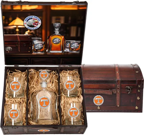Miniatura 47 de Heritage Pewter Alabama Capitol - Juego de baúl Recipiente de líquido de 24 onzas con 4 vasos de agua Vidrio de peltre elaborado por expertos