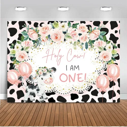 Miniatura 7 de Mocsicka Fondo de vaca Holy Cow I'm One, decoración de fondo para fiesta de primer cumpleaños con temática de vaca floral, cartel para fiesta
