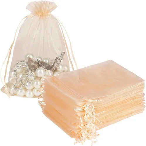Miniatura 13 de HRX Package 100 bolsas de organza doradas, 5 x 7 pulgadas, malla con cordón, bolsas de regalo, bolsas de joyería para dulces de Navidad, recuerdos