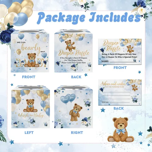 Miniatura 2 de skuhyyg 50 boletos para rifas de pañales con caja de juego para baby shower, oso azul, oso rosa, letrero de sorteo de pañales, con texto en inglés