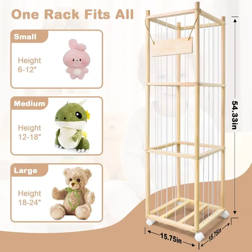 Miniatura 2 de Almacenamiento de animales de peluche, bonito soporte de madera para juguetes de zoológico con ruedas de freno, organizador de juguetes de ahorro