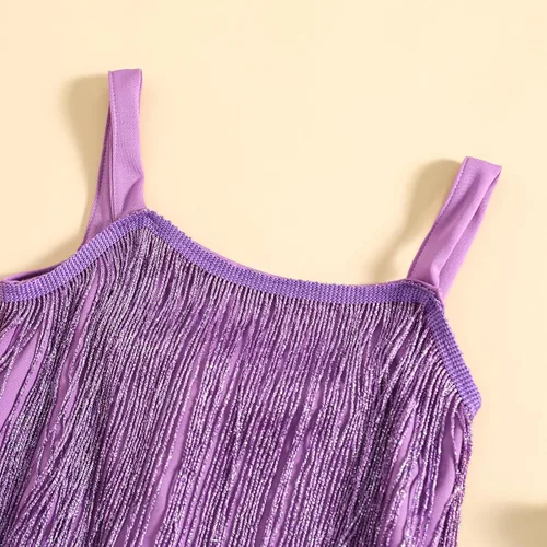 Miniatura 3 de WALLARENEAR Vestido de lentejuelas para niños, vestido sin mangas con borlas brillantes, vestido de baile latino para fiesta, vestido de baile