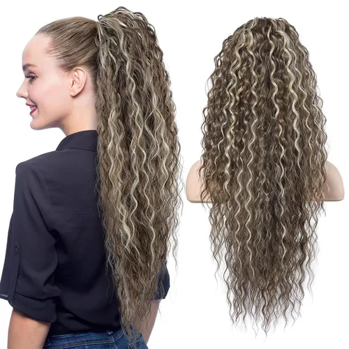 Miniatura 12 de Flufymooz Extensión de cola de caballo, 26 pulgadas, estilo bohemio, con cordón, extensiones de cabello para mujer, cola de caballo larga, rizada