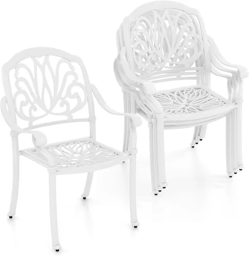 Tangkula Juego de 4 sillas de comedor de aluminio fundido para patio, sillas de comedor apilables al aire libre con reposabrazos, sillas de bistró