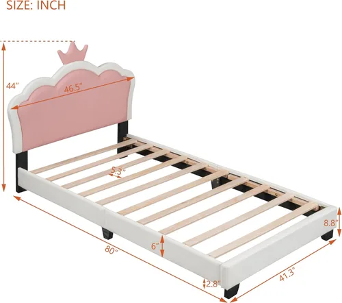 Miniatura 2 de Cama de plataforma tapizada de tamaño individual, marco de cama de plataforma de madera con cabecera en forma de corona, elementos de dibujos