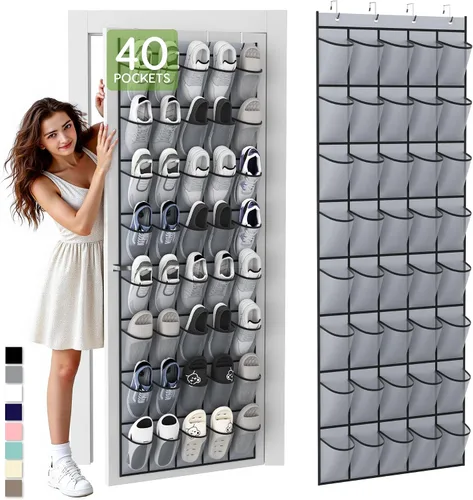 Miniatura 7 de Organizador de zapatos colgante sobre la puerta con 40 bolsillos grandes de malla transpirable, soporte de zapatos que ahorra espacio, estante