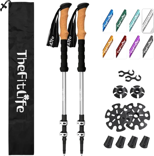 TheFitLife Bastones de senderismo para senderismo y caminar, aluminio ligero 7075 con bloqueo de metal y agarre de corcho natural, bastones para