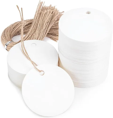 SallyFashion 120 unidades de etiquetas redondas blancas de 2 pulgadas de papel kraft con cuerda para envolver regalos, proyecto de manualidades,