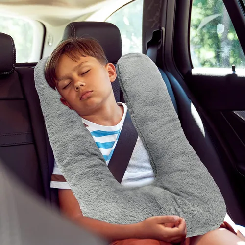 Miniatura 6 de Hoteam 2 almohadas de viaje para automóvil para dormir en forma de U para el asiento trasero, adultos y niños, soporte para cabeza y cuerpo, Gris