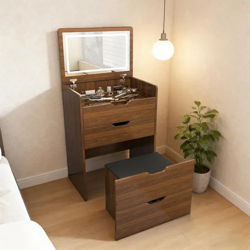 Miniatura 9 de Runboll Small Vanity Desk with Mirror and Lights, Makeup Vanity Table Set with Power Outlet, Drawer Storage, Stool, Adjustable LED Lighting