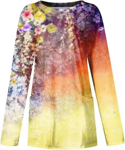 Miniatura 3 de RMXEi Camisetas elegantes de cuello redondo para mujer, manga larga, para otoño 2023, blusas con bolsillo