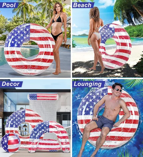 Miniatura 3 de POZA Flotador inflable de piscina de Estados Unidos – Lujosa tumbona divertida llena de confeti de estrellas plateadas brillantes, diseño de bandera