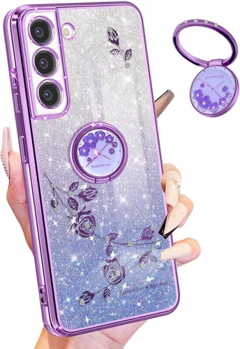 Miniatura 10 de Funda para Samsung Galaxy S22 Ultra con purpurina brillante para mujeres y niñas, cubierta de teléfono morada, diseño floral con anillo de flores