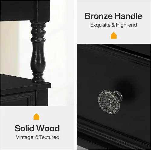 Miniatura 8 de Tribesigns Mesa auxiliar de madera con acabado negro con 2 cajones, mesitas de noche delgadas de madera de mediados de siglo con estante