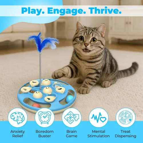 Miniatura 2 de Comedero de rompecabezas 3 en 1 para gatos, juguete interactivo de nivel 3 con bolas de pista, teaser de plumas e inserto de alimentador lento, base