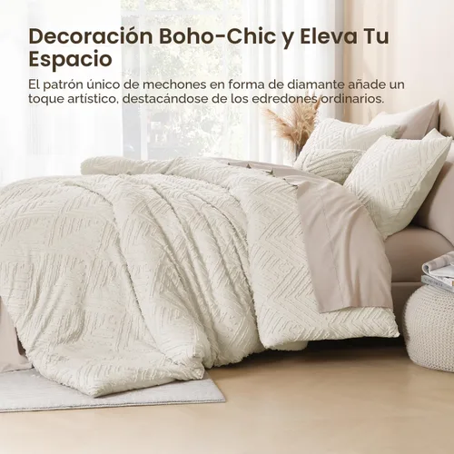 Miniatura 4 de Litanika - juego de edredón matrimonial beige, 3 piezas capitoné crema boho granja, ligero y esponjoso para todas las estaciones