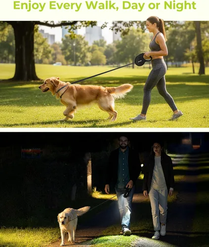 Miniatura 8 de Pecute Correa retráctil para perro con linterna, correa retráctil resistente de 26 pies para mascotas con luz, control de un botón, protección