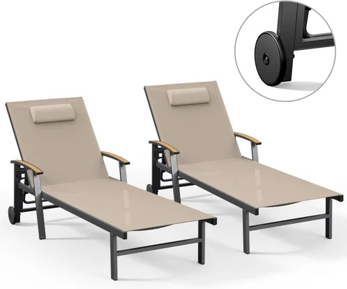 Miniatura 12 de Ciokea Sillón para exteriores con almohada, tumbona de aluminio de 5 posiciones con ruedas y reposabrazos, silla de piscina resistente de 400 libras