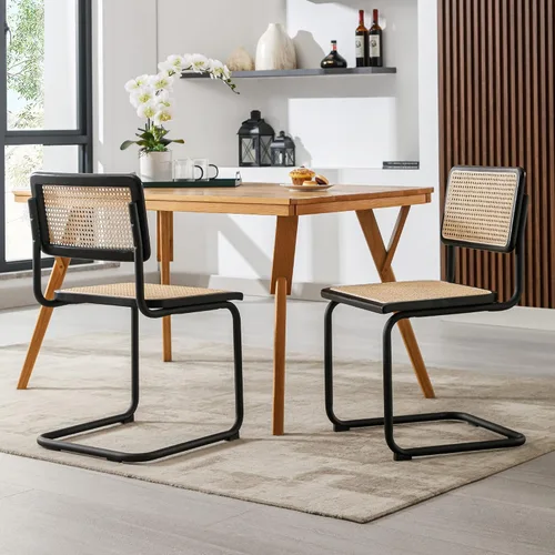 Miniatura 4 de Flouki Juego de 4 sillas de comedor de ratán, sillas decorativas bohemias para cocina con malla de caña natural, diseño voladizo de mediados
