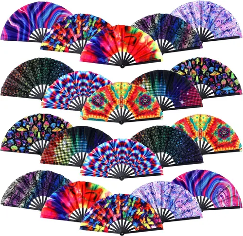 Miniatura 10 de FairySandy 20 abanicos de mano plegables grandes con varillas de plástico para hombres y mujeres, arco iris chino japonés con funda de tela