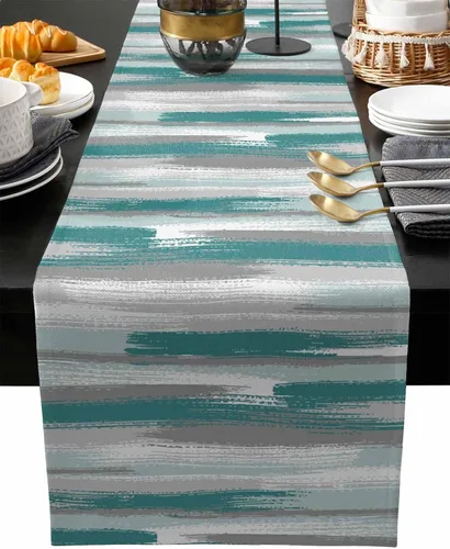 Miniatura 13 de Zigzi - Bufandas de mesa azules, textura de mármol a rayas grises de Zigzi, camino de mesa de comedor, decoración de mesa rectangular lavable