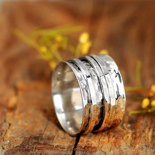 Miniatura 4 de Boho-Magic Anillo giratorio de plata de ley 925 para mujer, 3 anillos antiansiedad, banda ancha martillada