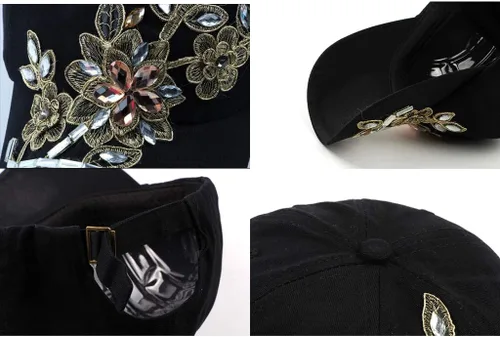 Miniatura 6 de Gudessly Bling - Gorra de béisbol para mujer, diseño de flores, con diamantes de imitación, ajustable, de mezclilla