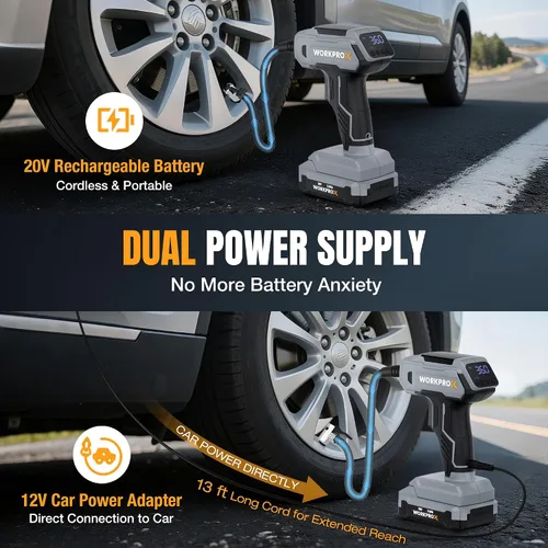 Miniatura 3 de WORKPROX Compresor de aire portátil para inflador de neumáticos, bomba de neumáticos inalámbrica de 150 PSI con medidor de presión digital, inflado