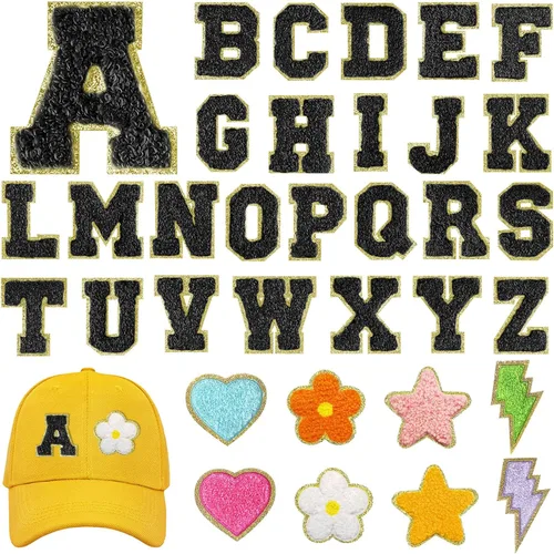 MEEZY 34 parches de letras de felpilla autoadhesivas negras, parches bordados A-Z, letras del alfabeto, calcomanías de tela, accesorios hechos a