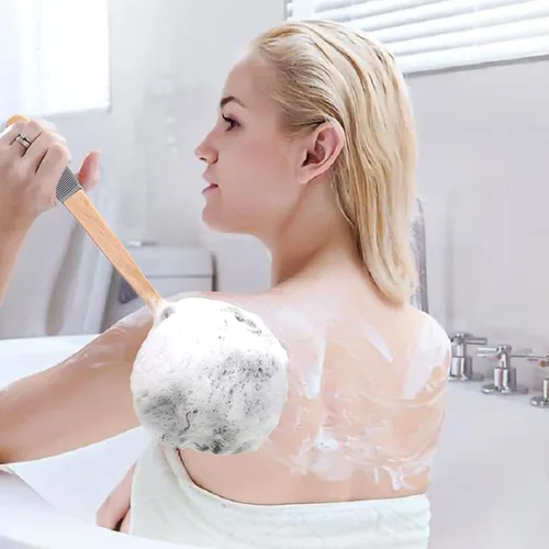 Miniatura 5 de AmazerBath Esponja de Ducha Loofah Exfoliante para la Espalda, Exfoliante Corporal de Malla Suave de PE con Mango Largo de Madera, Esponja de Baño